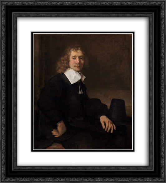 A Young Man at a Table (possibly Govaert Flinck) 20x22 Black Ornate Wood Framed Art Print Poster with Double Matting by Rembrandt