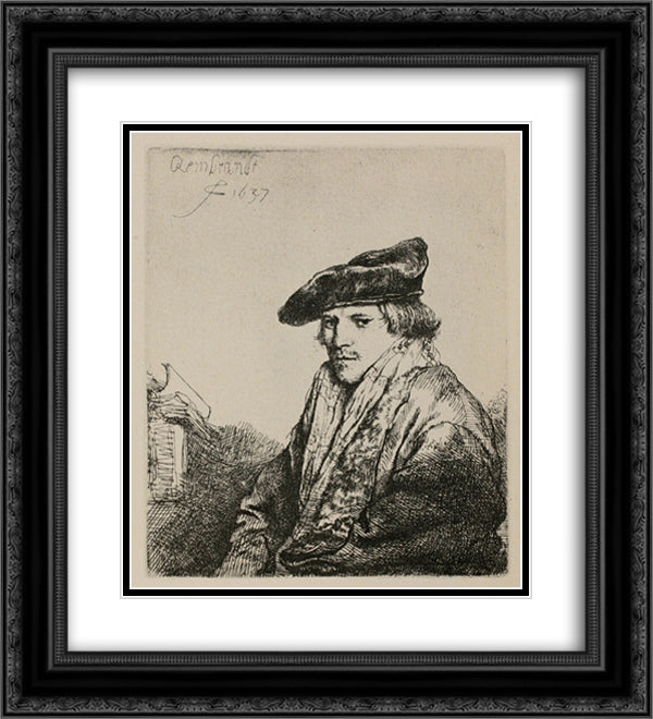 A Young Man Seated, Turned to the Left 20x22 Black Ornate Wood Framed Art Print Poster with Double Matting by Rembrandt