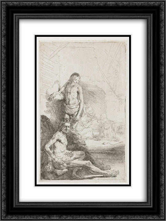 A young man seated and standing (The walking trainer) 18x24 Black Ornate Wood Framed Art Print Poster with Double Matting by Rembrandt