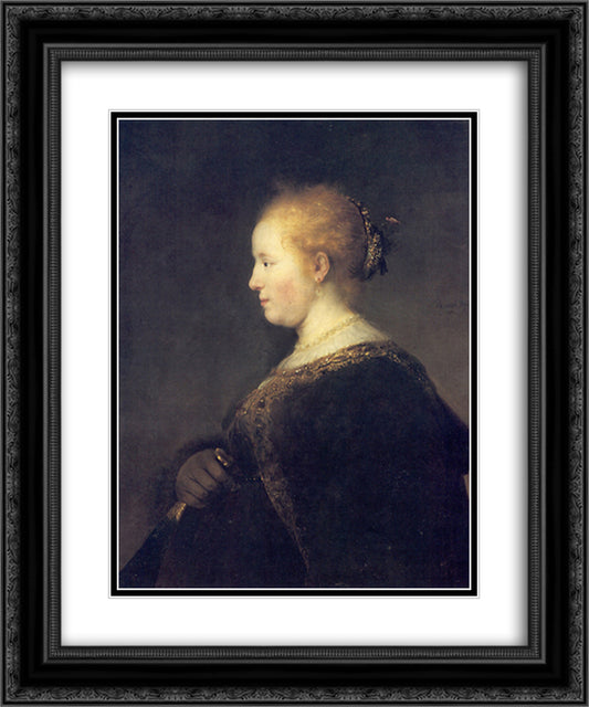 A Young Woman in Profile with a Fan 20x24 Black Ornate Wood Framed Art Print Poster with Double Matting by Rembrandt