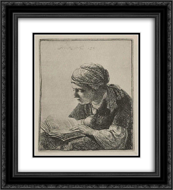 A Young Woman Reading 20x22 Black Ornate Wood Framed Art Print Poster with Double Matting by Rembrandt