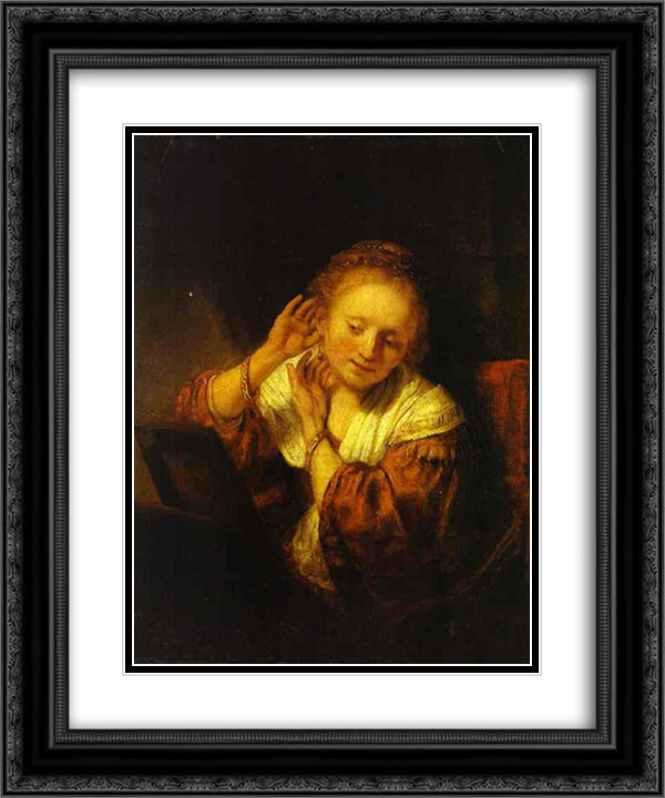 A Young Woman Trying on Earings 20x24 Black Ornate Wood Framed Art Print Poster with Double Matting by Rembrandt