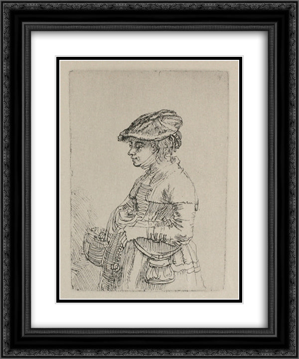 A Young Woman with a Basket 20x24 Black Ornate Wood Framed Art Print Poster with Double Matting by Rembrandt