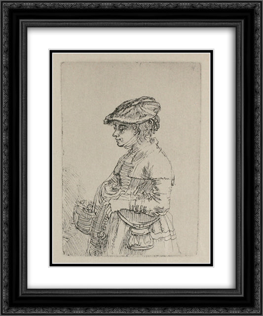 A Young Woman with a Basket 20x24 Black Ornate Wood Framed Art Print Poster with Double Matting by Rembrandt