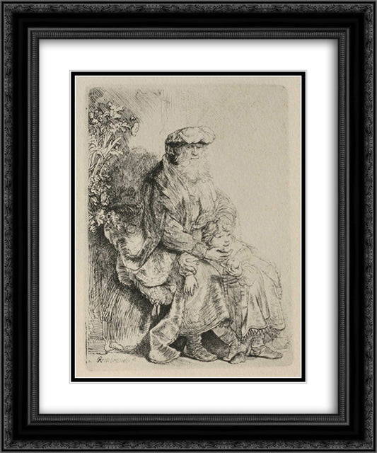 Abraham caressing Isaac 20x24 Black Ornate Wood Framed Art Print Poster with Double Matting by Rembrandt