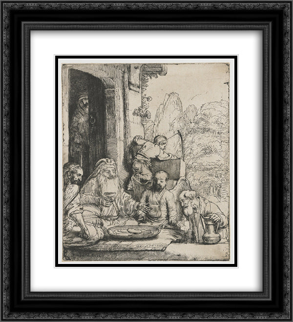 Abraham Entertaining the Angels 20x22 Black Ornate Wood Framed Art Print Poster with Double Matting by Rembrandt