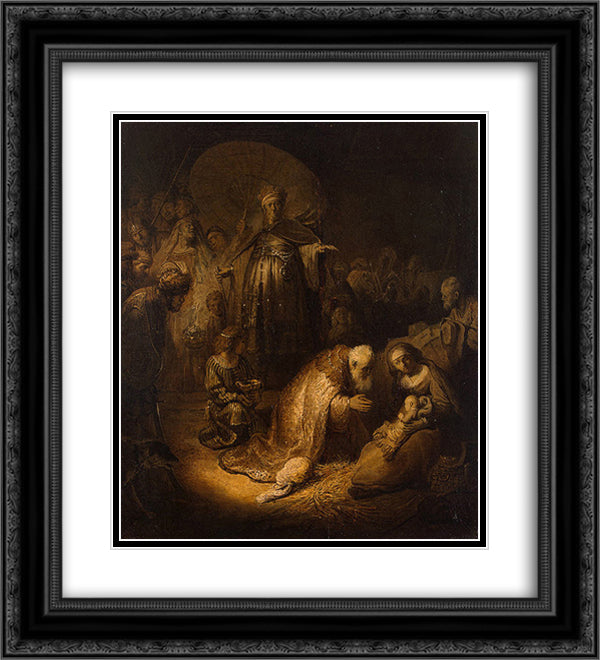 Adoration of the magi 20x22 Black Ornate Wood Framed Art Print Poster with Double Matting by Rembrandt