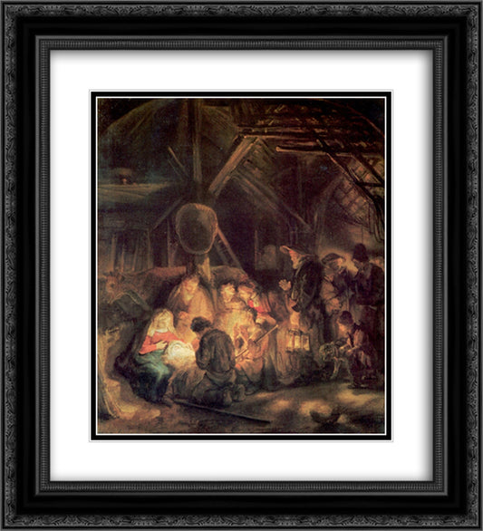 Adoration of the Shepherds 20x22 Black Ornate Wood Framed Art Print Poster with Double Matting by Rembrandt