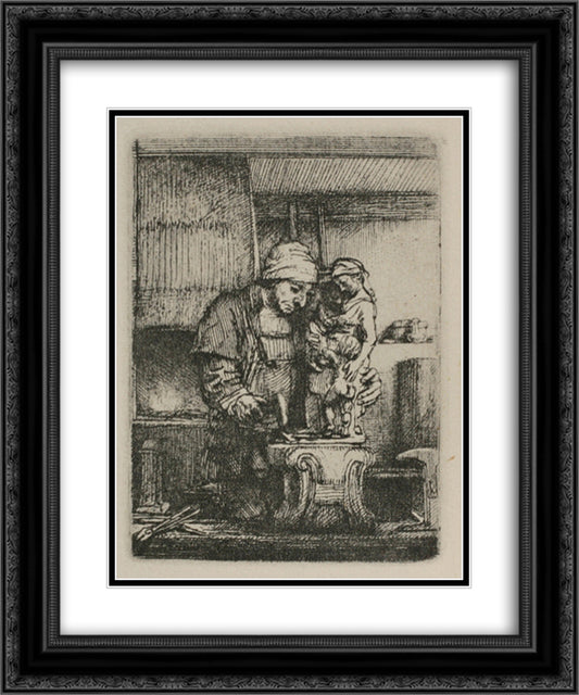 An Artist Drawing from the Model 20x24 Black Ornate Wood Framed Art Print Poster with Double Matting by Rembrandt