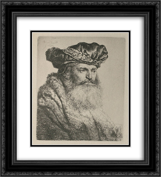 An Old Man, Wearing a Rich Velvet Cap 20x22 Black Ornate Wood Framed Art Print Poster with Double Matting by Rembrandt