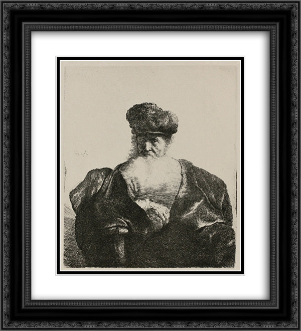 An Old Man with a Beard, Fur Cap and a Velvet Cloak 20x22 Black Ornate Wood Framed Art Print Poster with Double Matting by Rembrandt