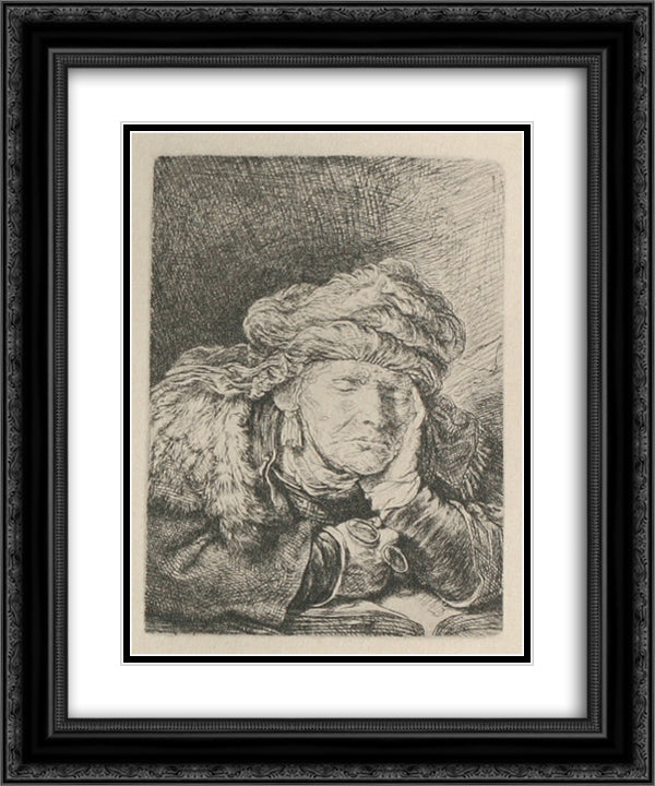 An Old Woman, Sleeping 20x24 Black Ornate Wood Framed Art Print Poster with Double Matting by Rembrandt