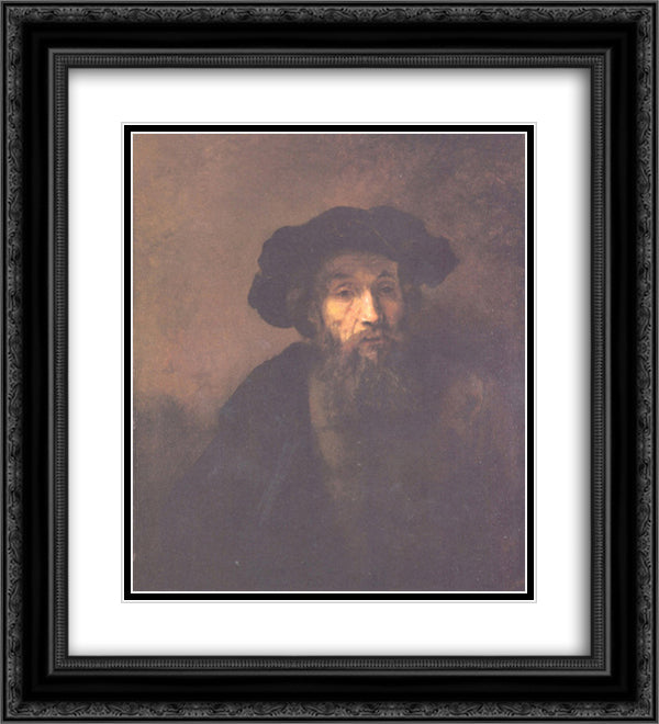 Bearded Man with a Beret 20x22 Black Ornate Wood Framed Art Print Poster with Double Matting by Rembrandt