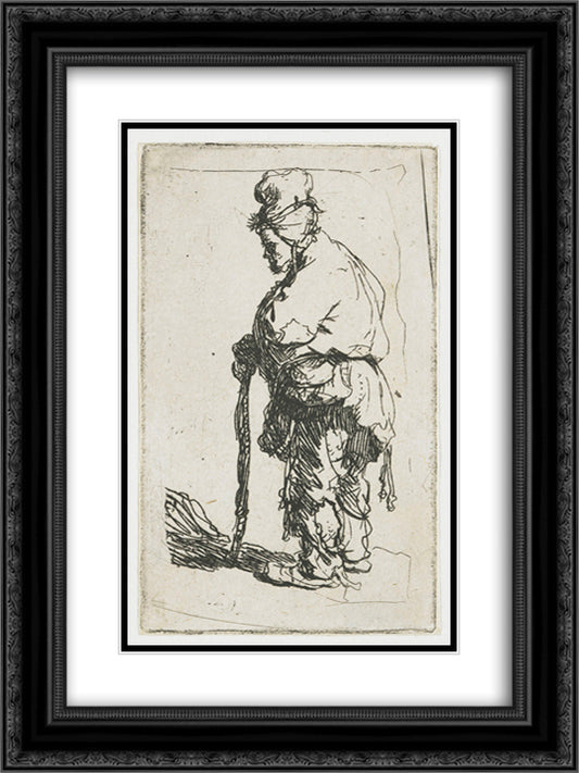 Beggar leaning on a stick, facing left 18x24 Black Ornate Wood Framed Art Print Poster with Double Matting by Rembrandt