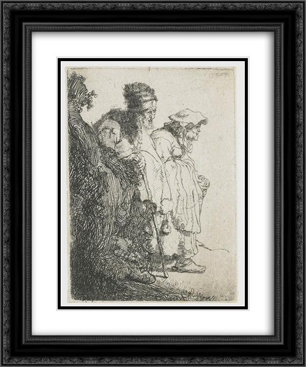 Beggar man and woman behind a bank 20x24 Black Ornate Wood Framed Art Print Poster with Double Matting by Rembrandt