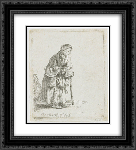 Beggar woman leaning on a stick 20x22 Black Ornate Wood Framed Art Print Poster with Double Matting by Rembrandt