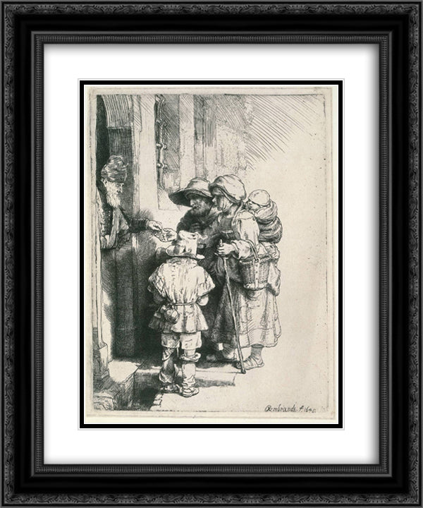 Beggars on the Doorstep of a House 20x24 Black Ornate Wood Framed Art Print Poster with Double Matting by Rembrandt