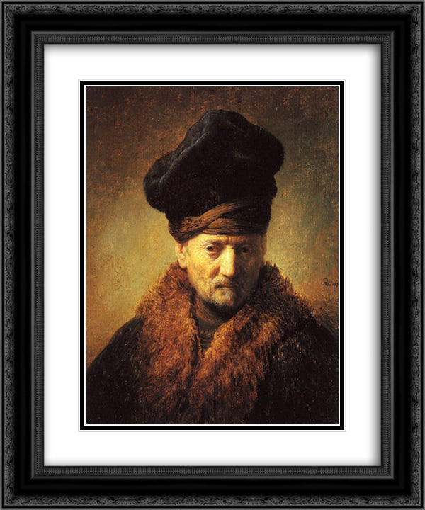 Bust of an Old Man in a Fur Cap 20x24 Black Ornate Wood Framed Art Print Poster with Double Matting by Rembrandt