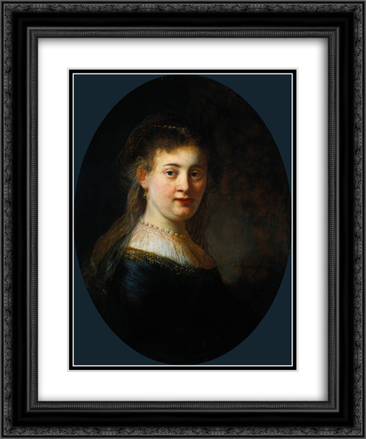 Bust of Young Woman (probably Saskia van Uylenburgh) 20x24 Black Ornate Wood Framed Art Print Poster with Double Matting by Rembrandt