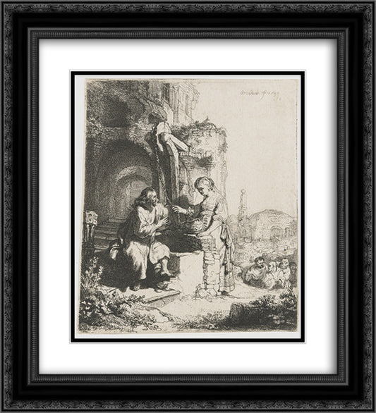 Christ and the woman of Samaria among ruins 20x22 Black Ornate Wood Framed Art Print Poster with Double Matting by Rembrandt