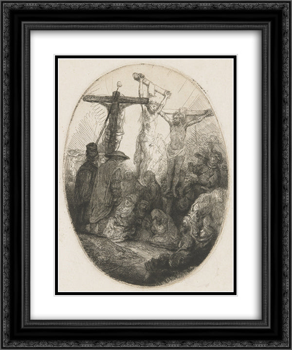 Christ crucified between the two thieves an oval plate 20x24 Black Ornate Wood Framed Art Print Poster with Double Matting by Rembrandt