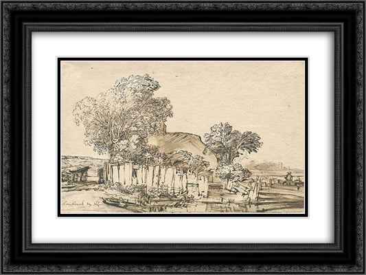 Cottage with wooden fence amid trees 24x18 Black Ornate Wood Framed Art Print Poster with Double Matting by Rembrandt