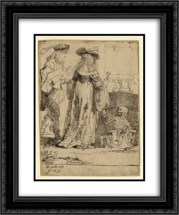 Death appearing to a wedded couple from an open grave 20x24 Black Ornate Wood Framed Art Print Poster with Double Matting by Rembrandt