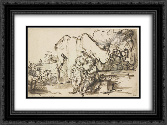 Eliezer and Rebecca at the Well 24x18 Black Ornate Wood Framed Art Print Poster with Double Matting by Rembrandt