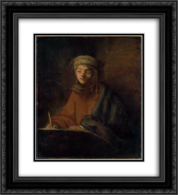 Evangelist Writing 20x22 Black Ornate Wood Framed Art Print Poster with Double Matting by Rembrandt