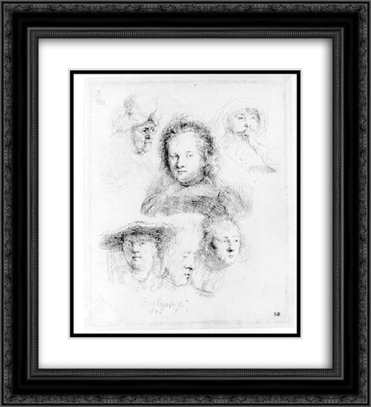 Five studies of Saskia and one of an older woman 20x22 Black Ornate Wood Framed Art Print Poster with Double Matting by Rembrandt