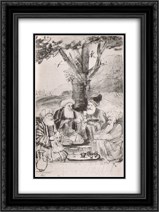 Four Orientals seated under a tree. Ink on paper 18x24 Black Ornate Wood Framed Art Print Poster with Double Matting by Rembrandt