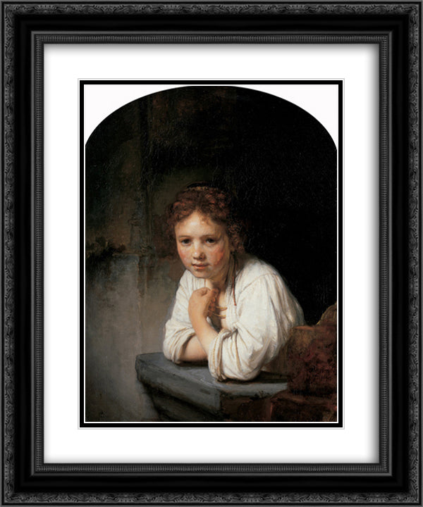 Girl in the Window 20x24 Black Ornate Wood Framed Art Print Poster with Double Matting by Rembrandt