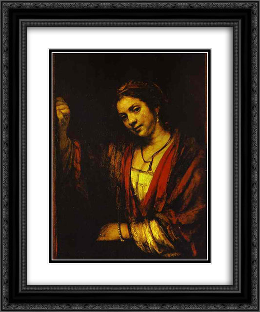 Hendrickje at an Open Doo 20x24 Black Ornate Wood Framed Art Print Poster with Double Matting by Rembrandt