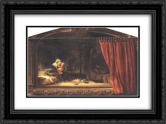 Holy Family with a Curtain 24x18 Black Ornate Wood Framed Art Print Poster with Double Matting by Rembrandt