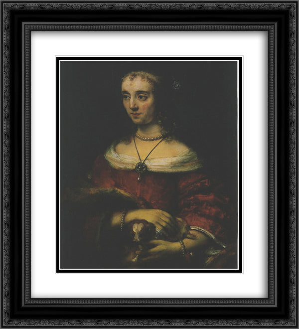 Lady with a Lap Dog 20x22 Black Ornate Wood Framed Art Print Poster with Double Matting by Rembrandt