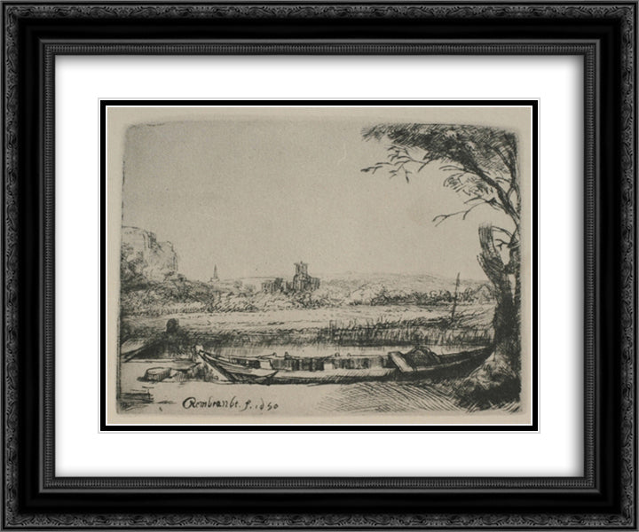 Landscape with a Canal and Large Boat 24x20 Black Ornate Wood Framed Art Print Poster with Double Matting by Rembrandt