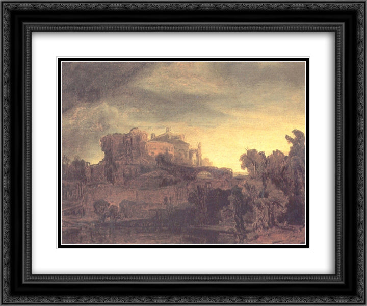 Landscape with a Castle 24x20 Black Ornate Wood Framed Art Print Poster with Double Matting by Rembrandt