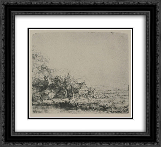 Landscape with a Cow Drinking 22x20 Black Ornate Wood Framed Art Print Poster with Double Matting by Rembrandt