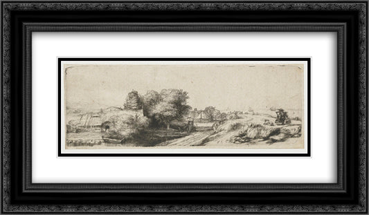 Landscape with a fisherman 24x14 Black Ornate Wood Framed Art Print Poster with Double Matting by Rembrandt