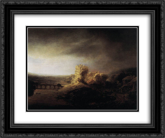 Landscape with a Long Arched Bridge 24x20 Black Ornate Wood Framed Art Print Poster with Double Matting by Rembrandt