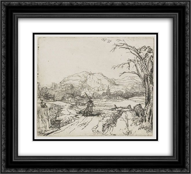 Landscape with a shepherd and a dog 22x20 Black Ornate Wood Framed Art Print Poster with Double Matting by Rembrandt