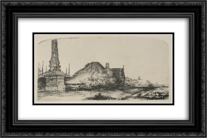 Landscape with an Obelisk 24x16 Black Ornate Wood Framed Art Print Poster with Double Matting by Rembrandt