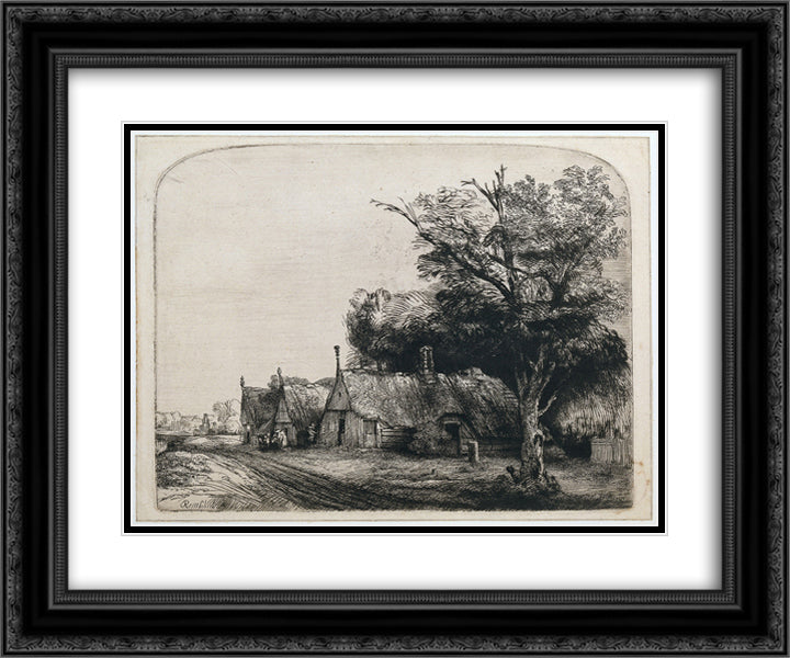 Landscape with Three Huts 24x20 Black Ornate Wood Framed Art Print Poster with Double Matting by Rembrandt