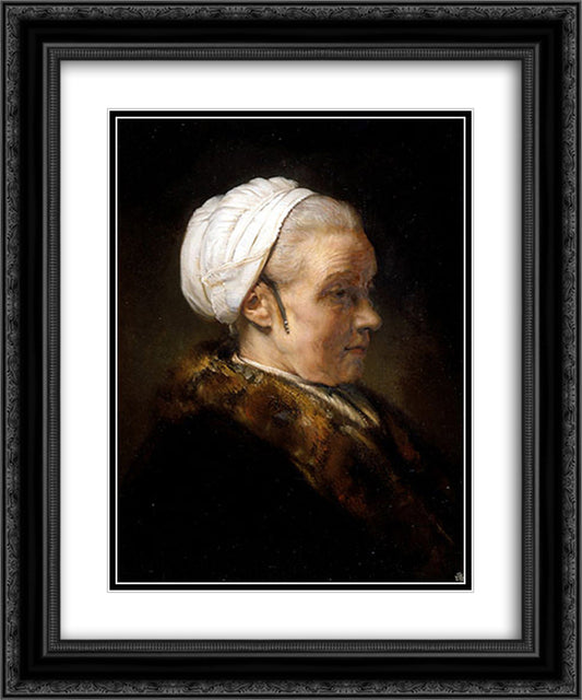 Lighting Study of an Elderly Woman in a White Cap 20x24 Black Ornate Wood Framed Art Print Poster with Double Matting by Rembrandt