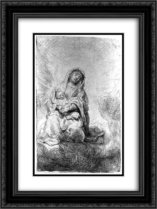 Madonna and Child in the Clouds 18x24 Black Ornate Wood Framed Art Print Poster with Double Matting by Rembrandt