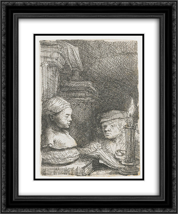 Man drawing from a cast 20x24 Black Ornate Wood Framed Art Print Poster with Double Matting by Rembrandt