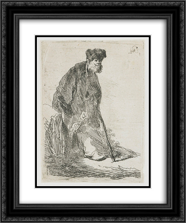 Man in a coat and fur cap leaning against a bank 20x24 Black Ornate Wood Framed Art Print Poster with Double Matting by Rembrandt