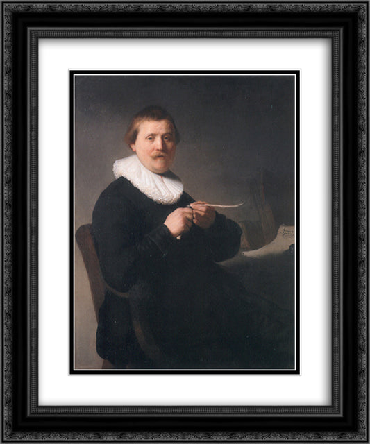 Man Sharpening a Quill 20x24 Black Ornate Wood Framed Art Print Poster with Double Matting by Rembrandt