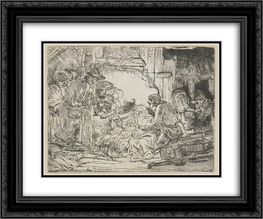 Nativity 24x20 Black Ornate Wood Framed Art Print Poster with Double Matting by Rembrandt