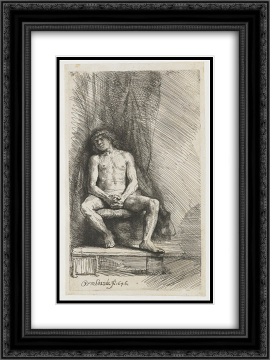 Nude man seated before a curtain 18x24 Black Ornate Wood Framed Art Print Poster with Double Matting by Rembrandt